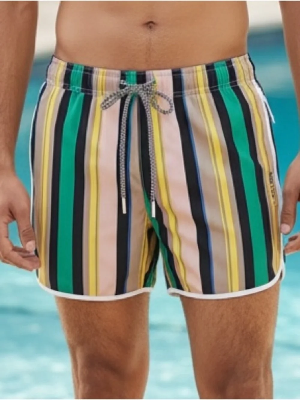 NWT Forever 21 Men’s 2XL Swim Trunks Jade, Tan Yellow Colorblock, Scalloped Hem
